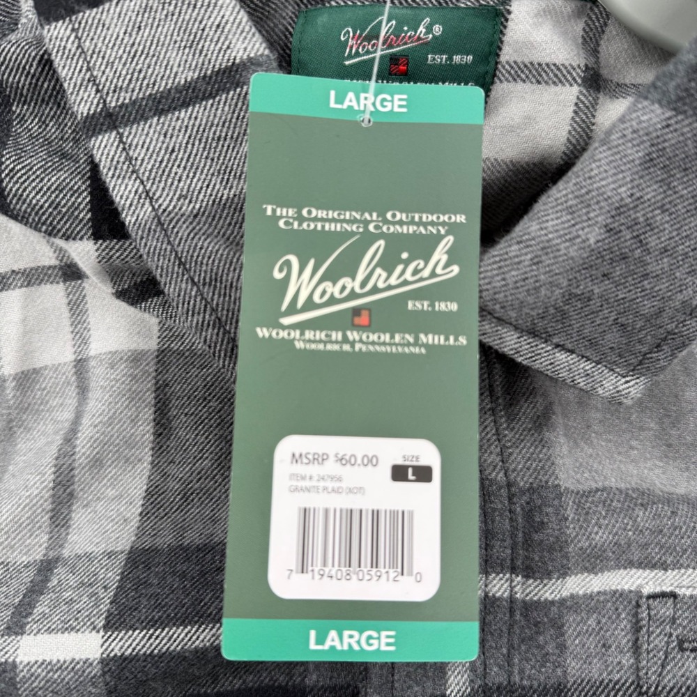 Woolrich Mens Granite Plaid Flannel Button Down Shirt Grey Black White Large NEW - Picture 5 of 11